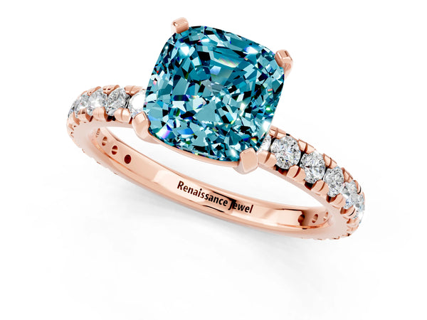Rose gold Cushion Cut Blue Topaz Pavé Solitaire Ring with Round Band and Prong Setting