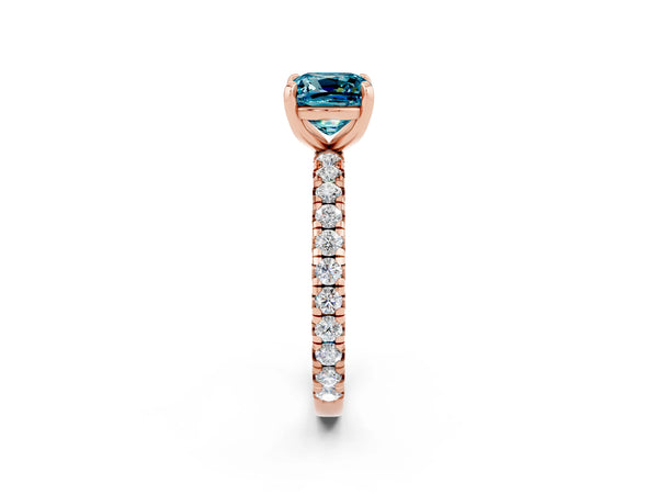 Rose gold Cushion Cut Blue Topaz Pavé Solitaire Ring with Round Band and Prong Setting