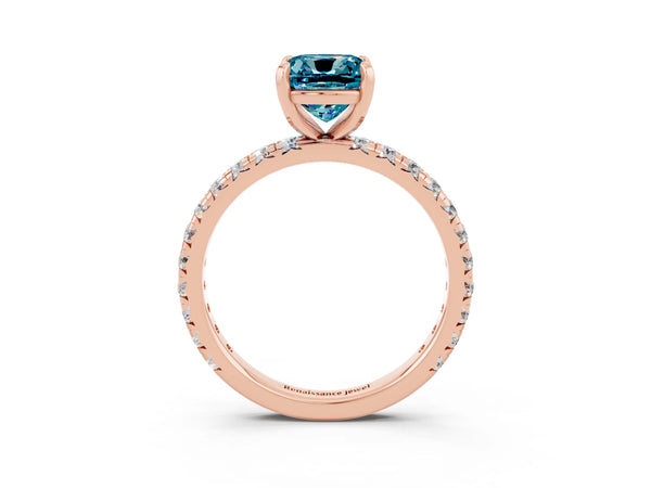 Rose gold Cushion Cut Blue Topaz Pavé Solitaire Ring with Round Band and Prong Setting