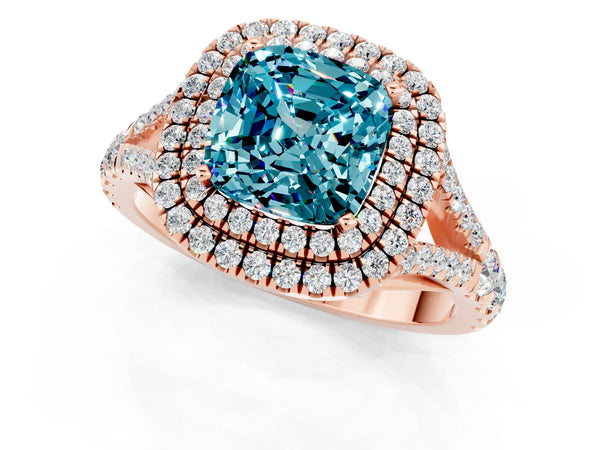 Rose gold Cushion Cut Blue Topaz Pavé Split Shank Double Halo Engagement Ring