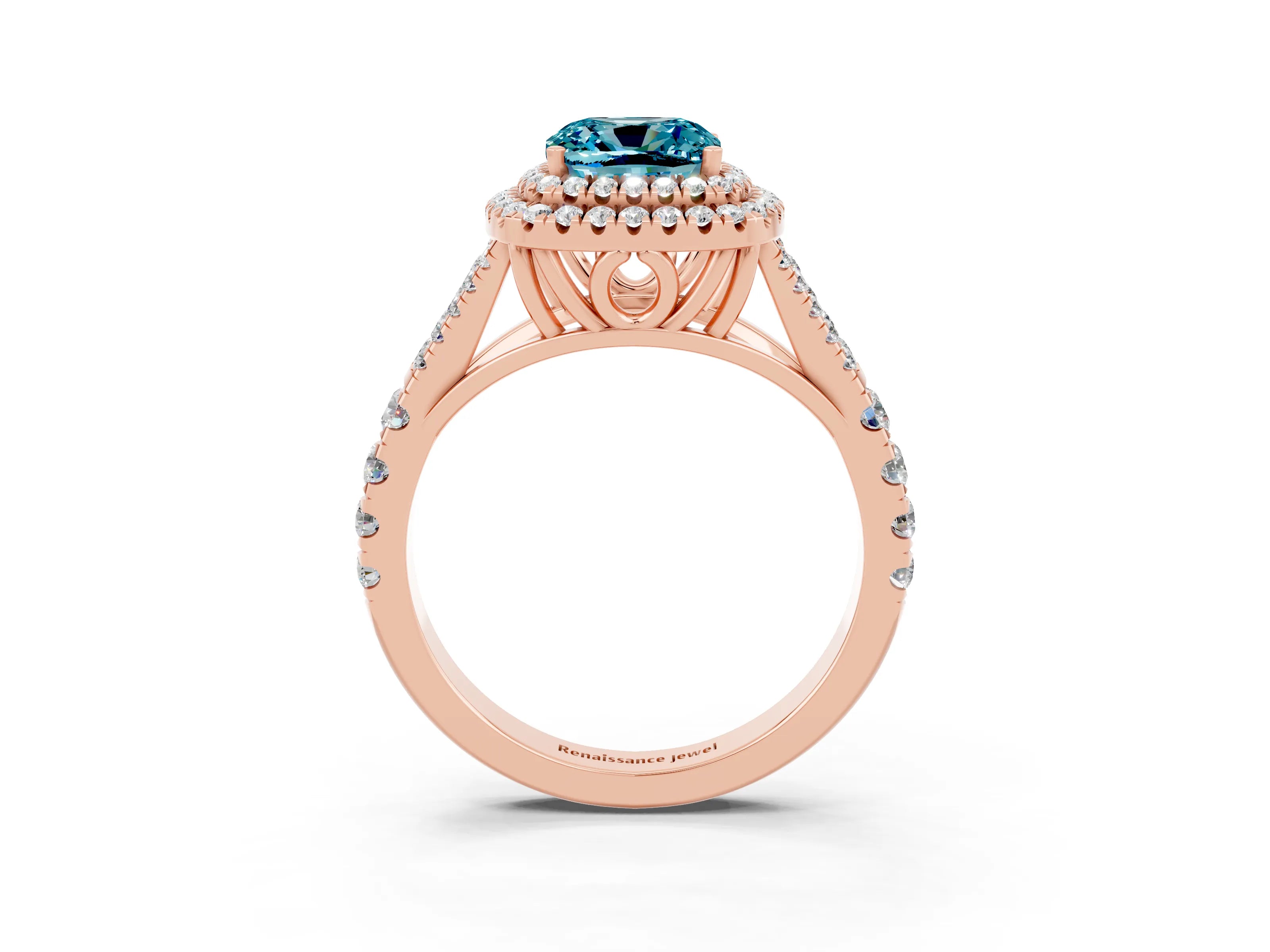 Rose gold Cushion Cut Blue Topaz Pavé Split Shank Double Halo Engagement Ring_3