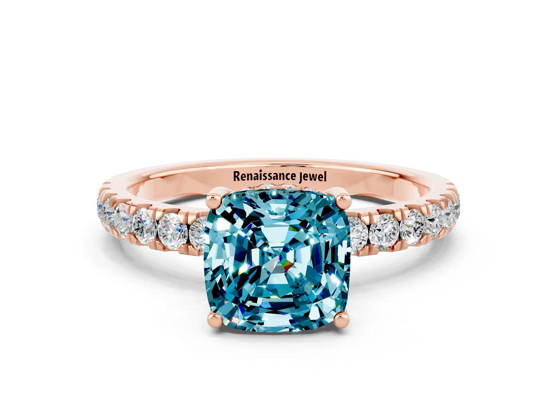 Rose gold Cushion Cut Blue Topaz Pave Band Solitaire Ring with Four-Prong Setting_36
