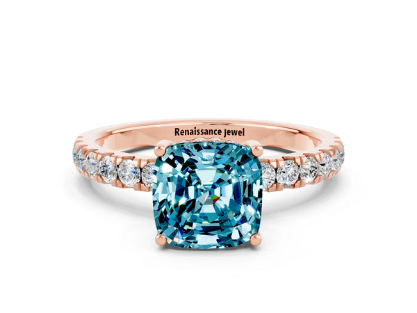 Rose gold Cushion Cut Blue Topaz Pave Band Solitaire Ring with Round  and Prong Setting