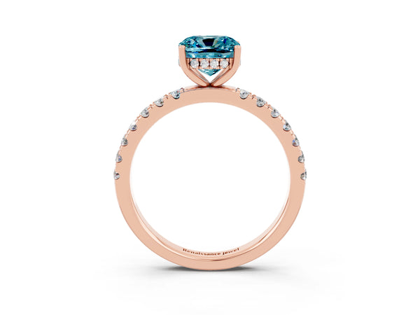 Rose gold Cushion Cut Blue Topaz Pave Band Solitaire Ring with Round  and Prong Setting