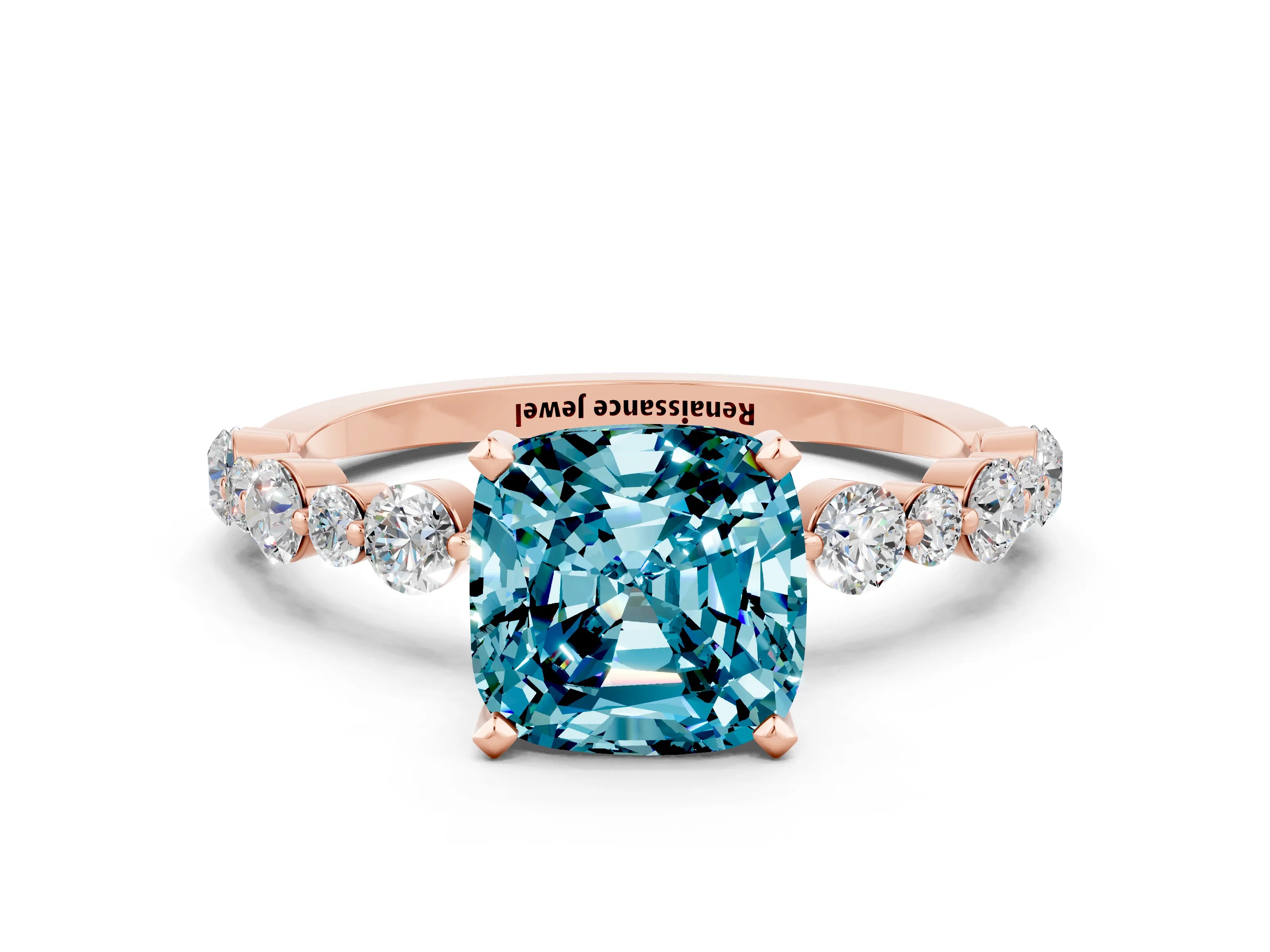 Rose gold Cushion Cut Blue Topaz Prong Set Engagement Ring with Pavé Band