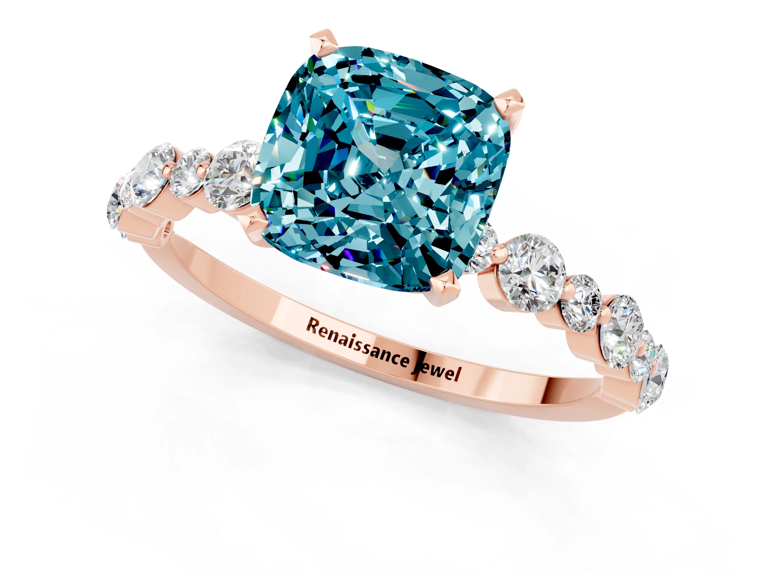 Rose gold Cushion Cut Blue Topaz Prong Set Engagement Ring with Pavé Band_1