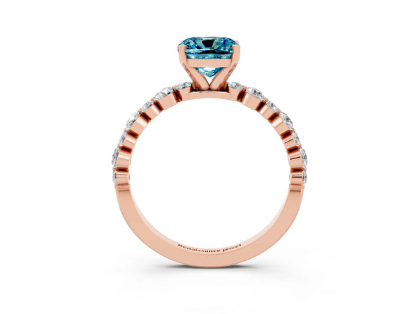 Rose gold Cushion Cut Blue Topaz Prong Set Engagement Ring with Pavé Band