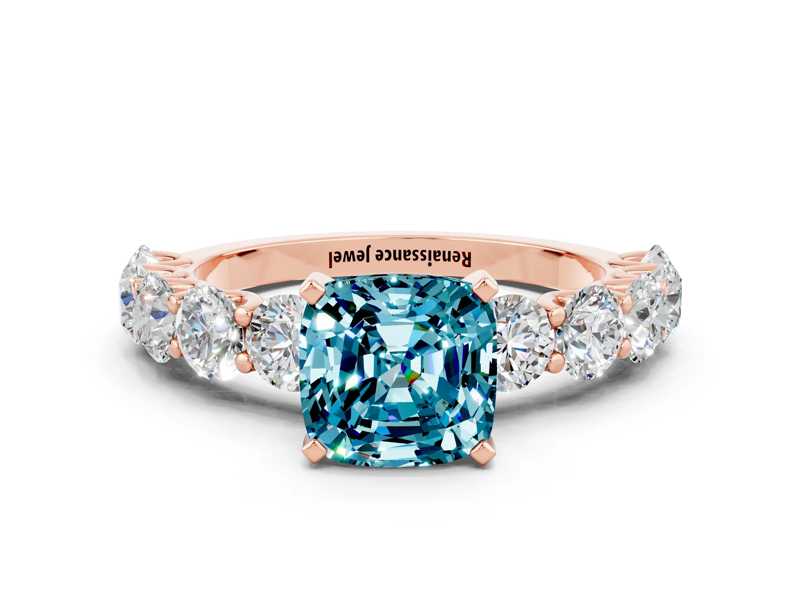 Rose gold Cushion Cut Blue Topaz Prong Setting with Side Stones on a Pave Band