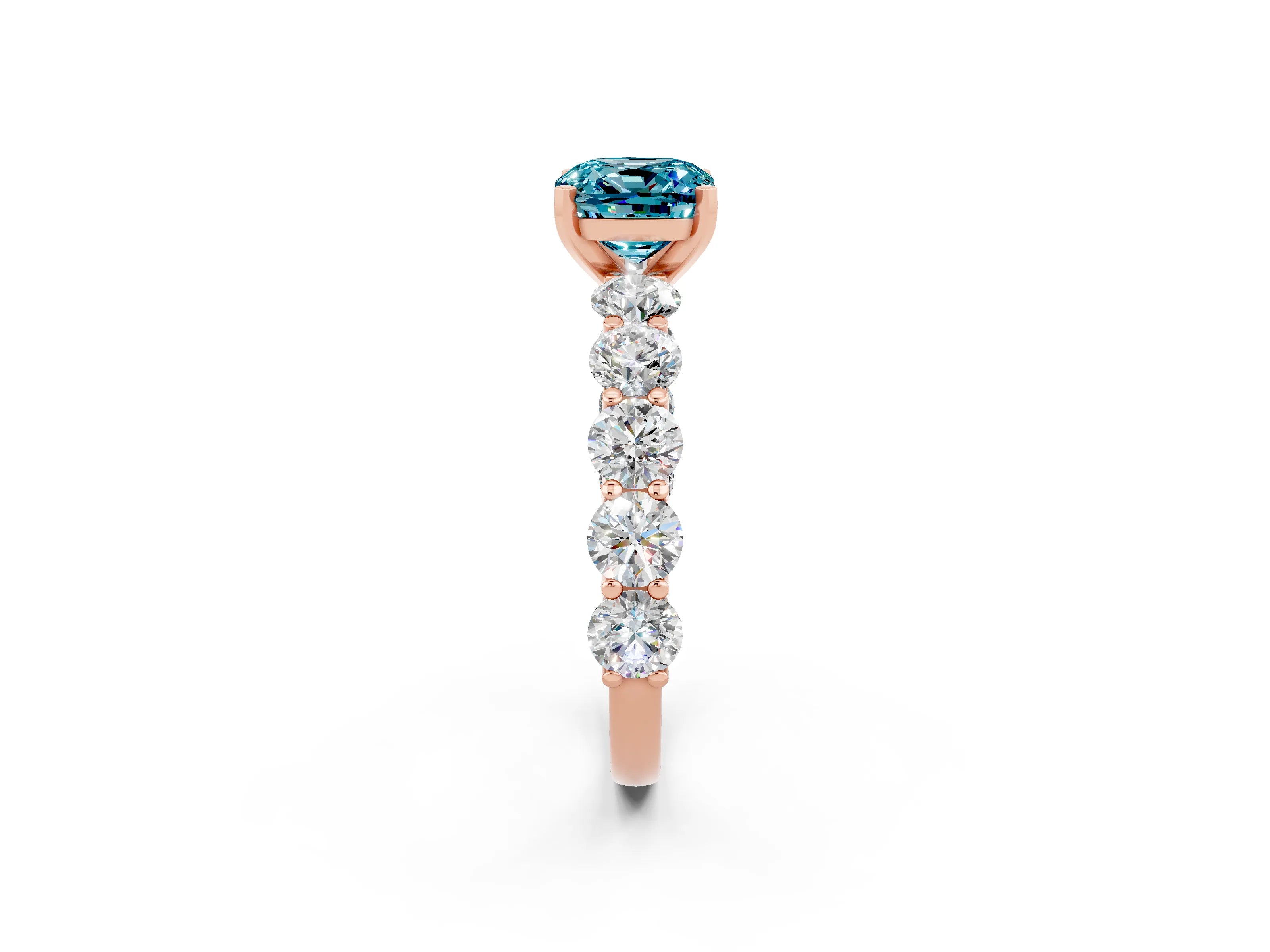 Rose gold Cushion Cut Blue Topaz Prong Setting with Side Stones on a Pave Band_2