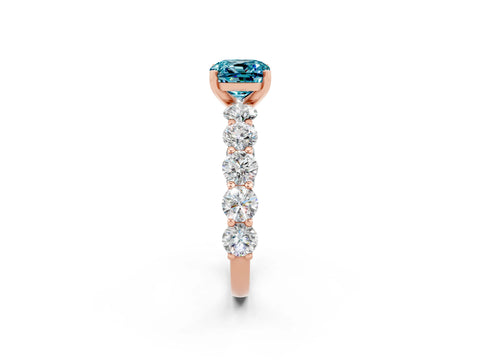 Rose gold Cushion Cut Blue Topaz Prong Setting with Side Stones on a Pave Band_2