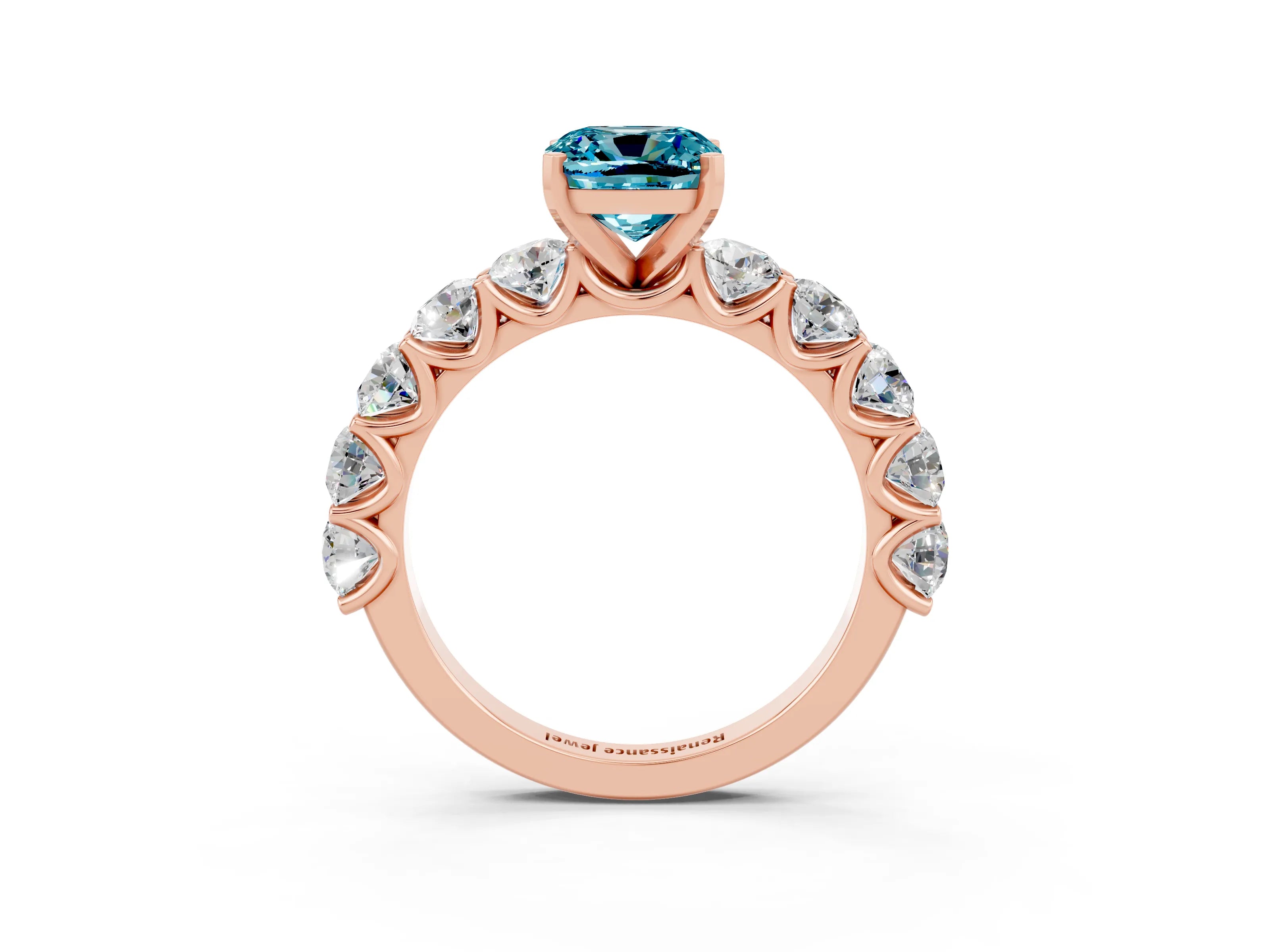 Rose gold Cushion Cut Blue Topaz Prong Setting with Side Stones on a Pave Band_3