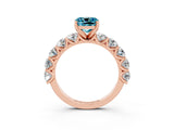 Rose gold Cushion Cut Blue Topaz Prong Setting with Side Stones on a Pave Band_3