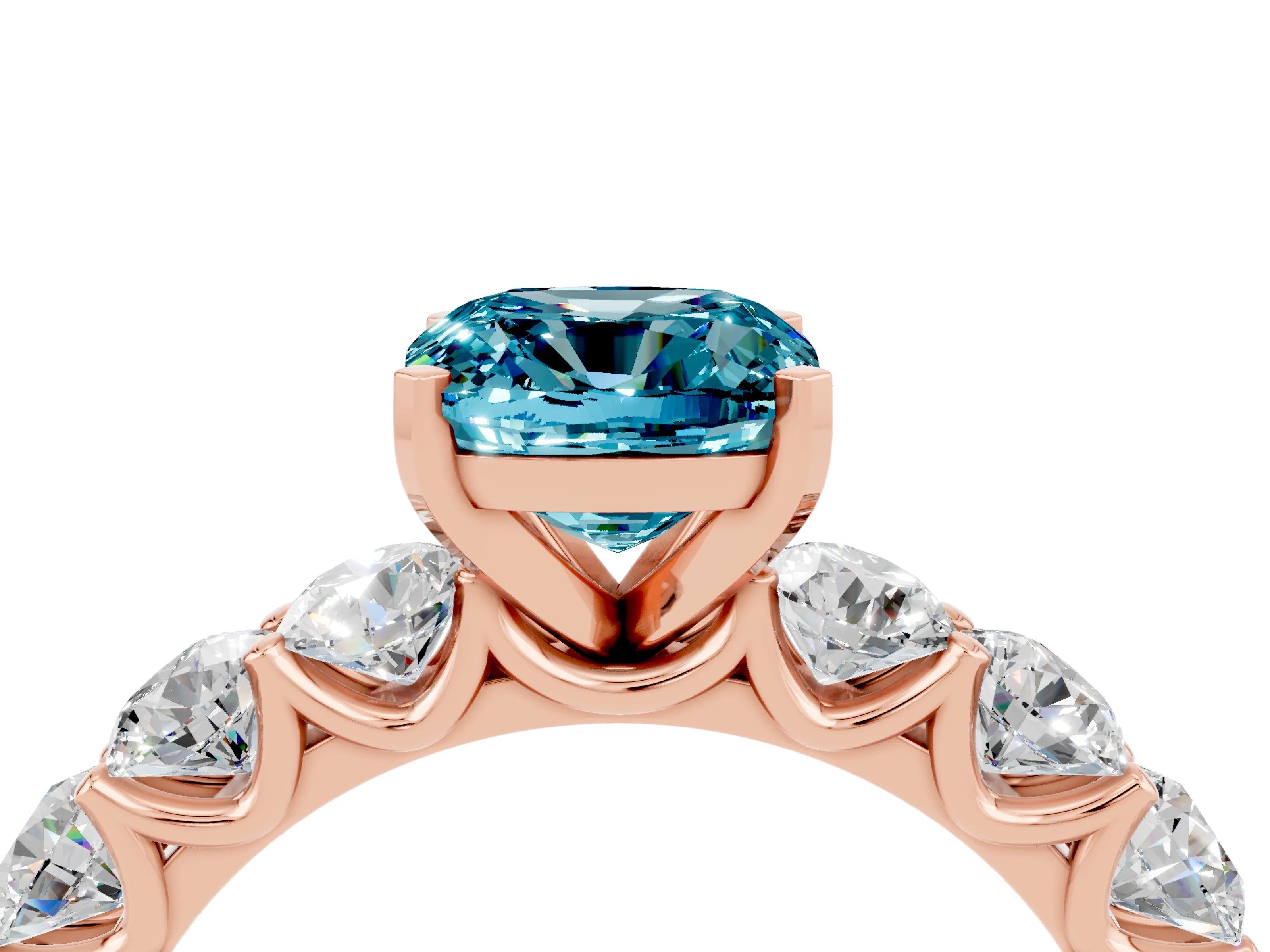 Rose gold Cushion Cut Blue Topaz Prong Setting with Side Stones on a Pave Band_4