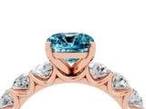 Rose gold Cushion Cut Blue Topaz Prong Setting with Side Stones on a Pave Band_4