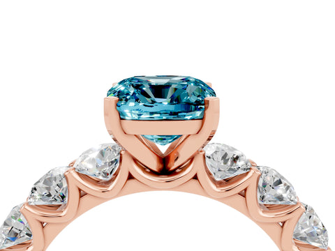 Rose gold Cushion Cut Blue Topaz Prong Setting with Side Stones on a Pave Band_4