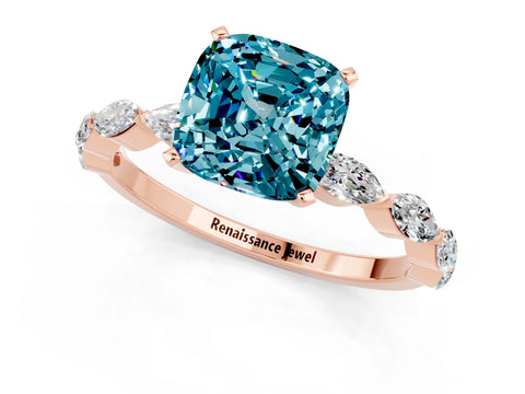 Rose gold Cushion Cut Blue Topaz Ring with Marquise Side Stones and Prong Setting_1