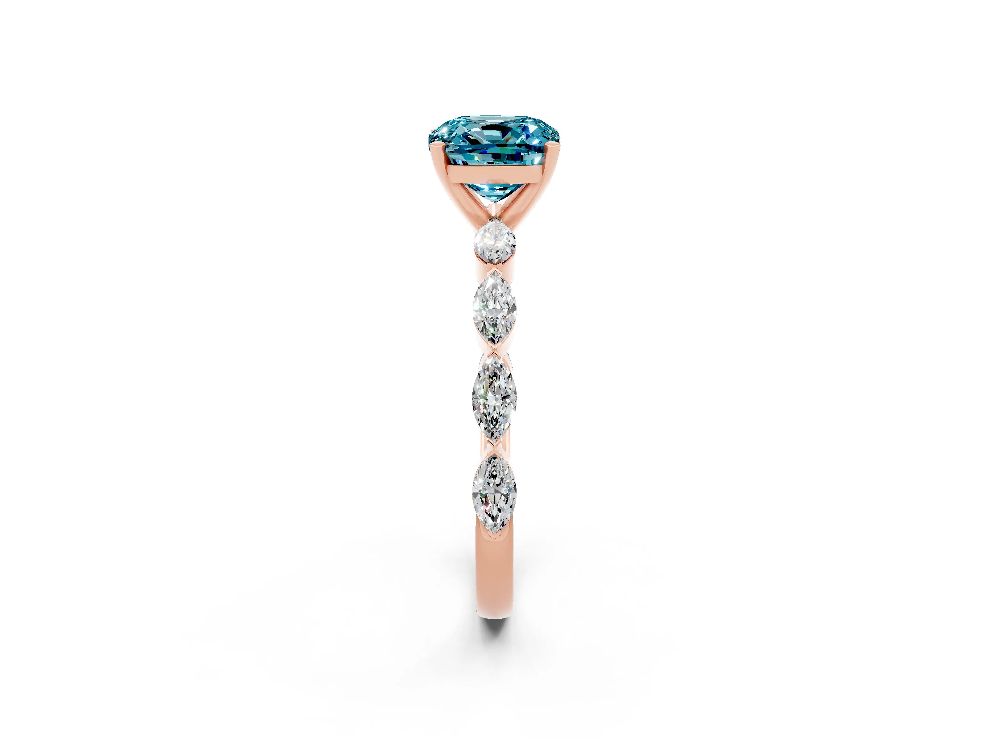 Rose gold Cushion Cut Blue Topaz Ring with Marquise Side Stones and Prong Setting_2