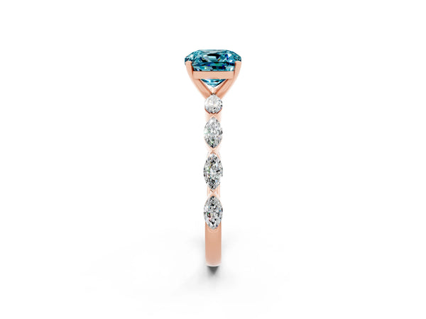 Rose gold Cushion Cut Blue Topaz Ring with Marquise Side Stones and Prong Setting