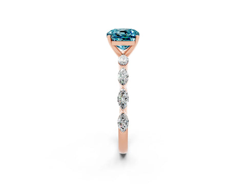 Rose gold Cushion Cut Blue Topaz Ring with Marquise Side Stones and Prong Setting_2