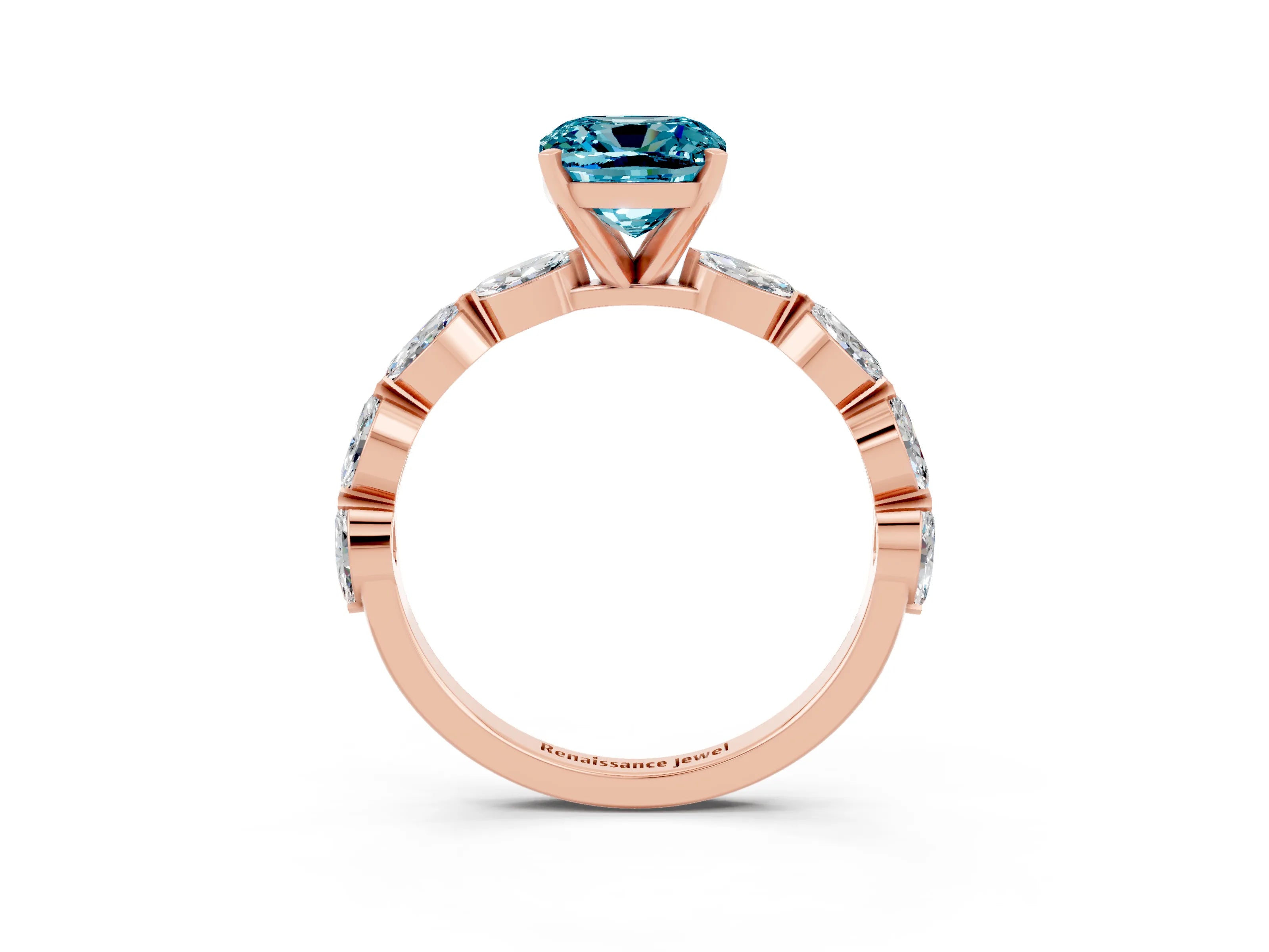 Rose gold Cushion Cut Blue Topaz Ring with Marquise Side Stones and Prong Setting_3