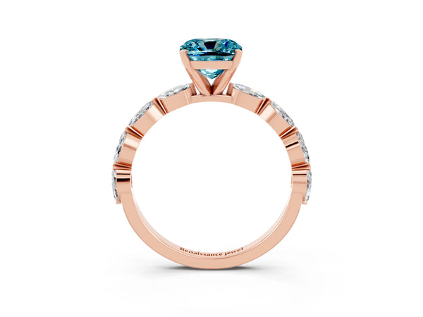 Rose gold Cushion Cut Blue Topaz Ring with Marquise Side Stones and Prong Setting