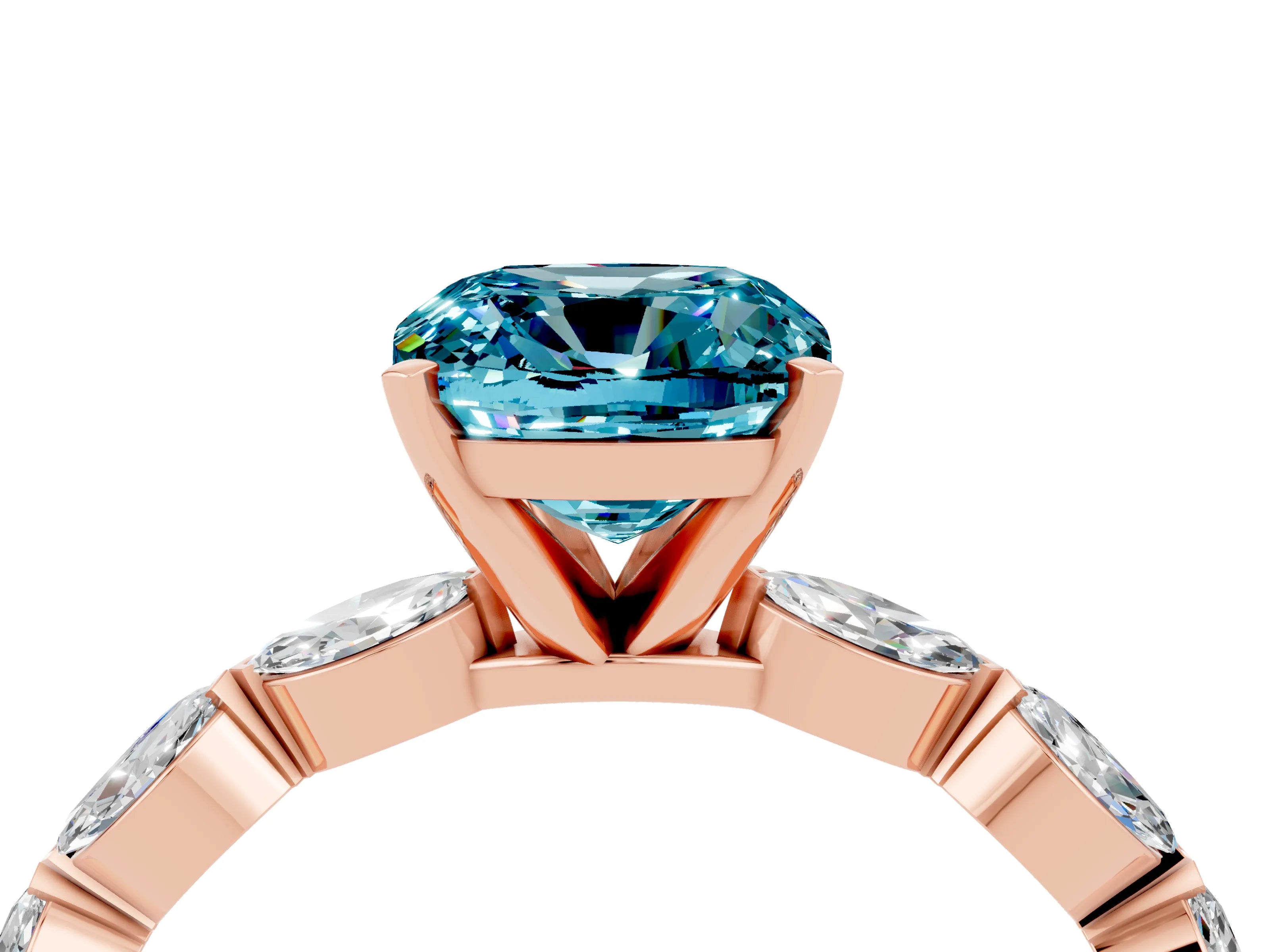 Rose gold Cushion Cut Blue Topaz Ring with Marquise Side Stones and Prong Setting_4