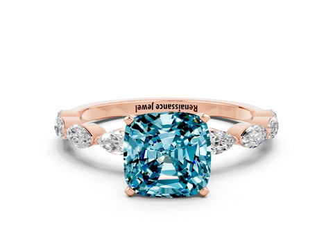 Rose gold Cushion Cut Blue Topaz Ring with Marquise Side Stones and Prong Setting