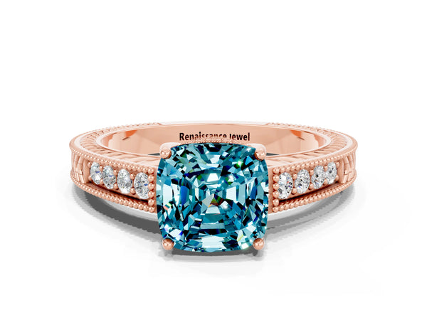 Rose gold Cushion Cut Blue Topaz Ring with Milgrain Pavé Band and Four-Prong Setting