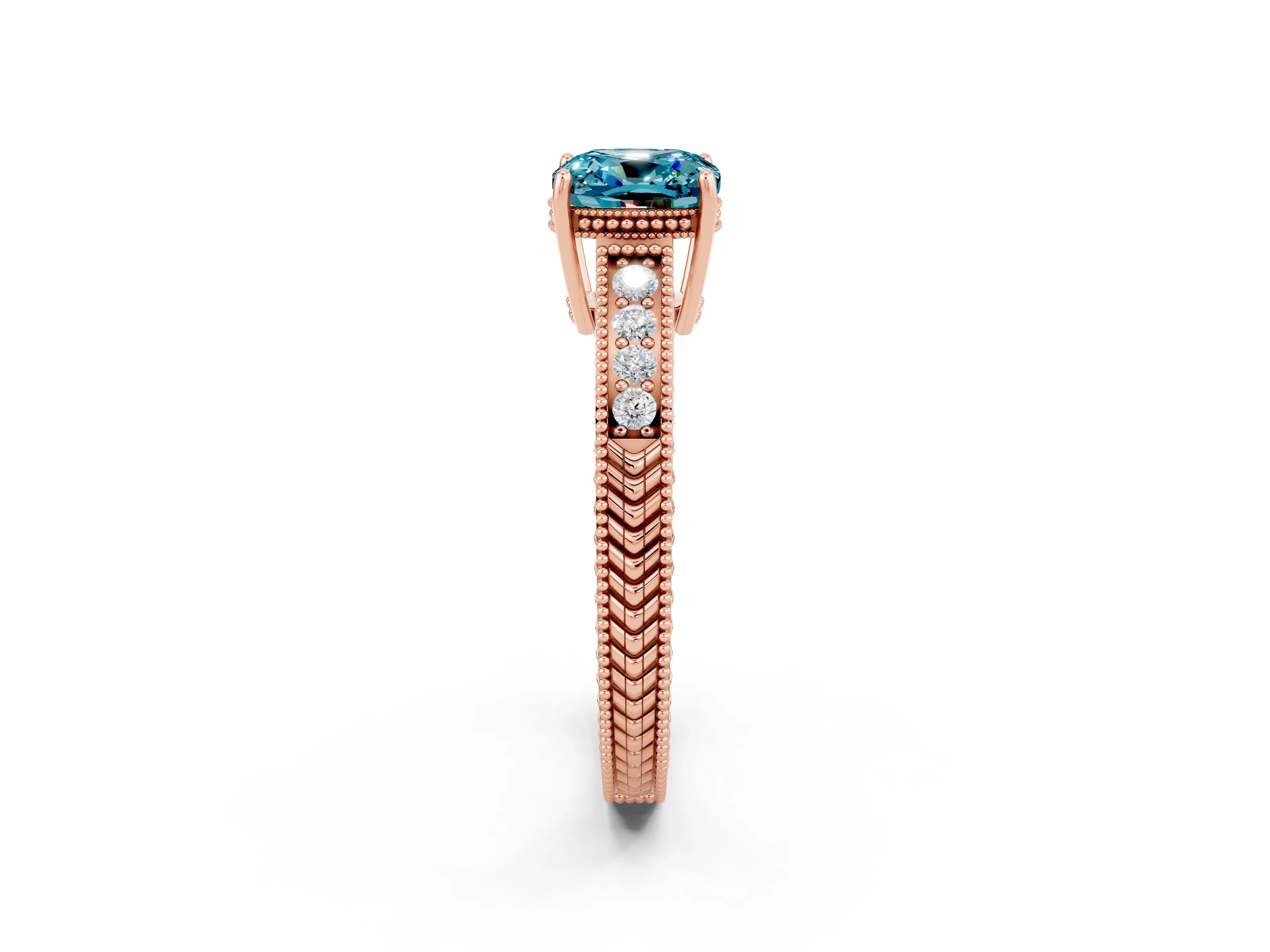 Rose gold Cushion Cut Blue Topaz Ring with Milgrain Pavé Band and Four-Prong Setting_14