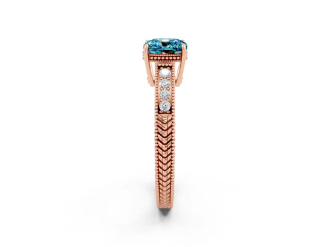 Rose gold Cushion Cut Blue Topaz Ring with Milgrain Pavé Band and Four-Prong Setting_14