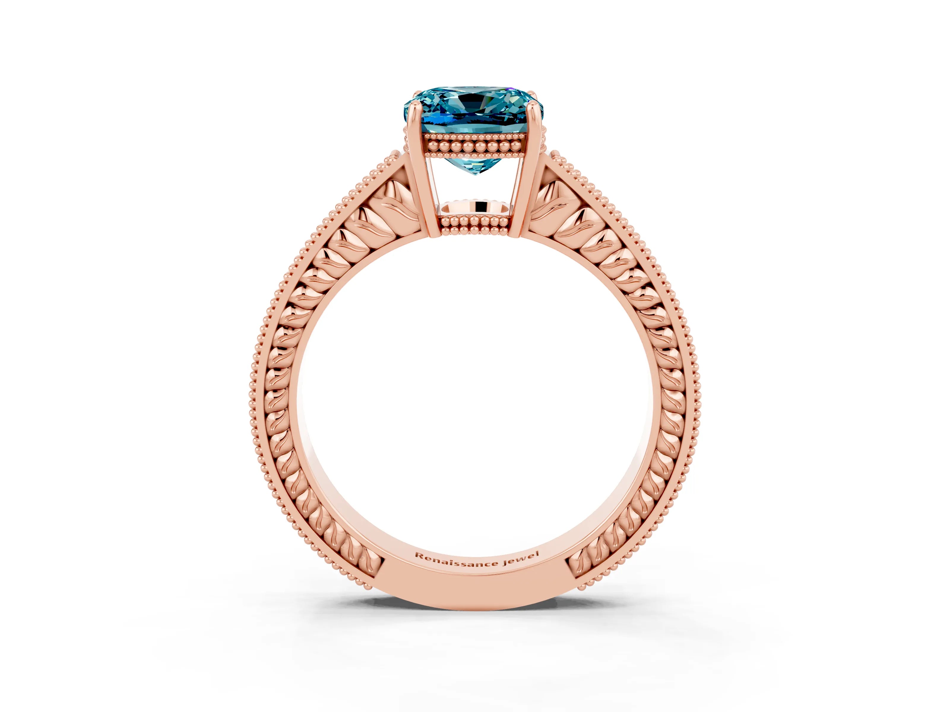 Rose gold Cushion Cut Blue Topaz Ring with Milgrain Pavé Band and Four-Prong Setting_15