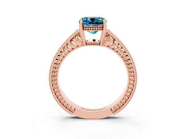 Rose gold Cushion Cut Blue Topaz Ring with Milgrain Pavé Band and Four-Prong Setting