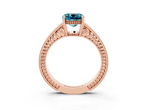 Rose gold Cushion Cut Blue Topaz Ring with Milgrain Pavé Band and Four-Prong Setting_15