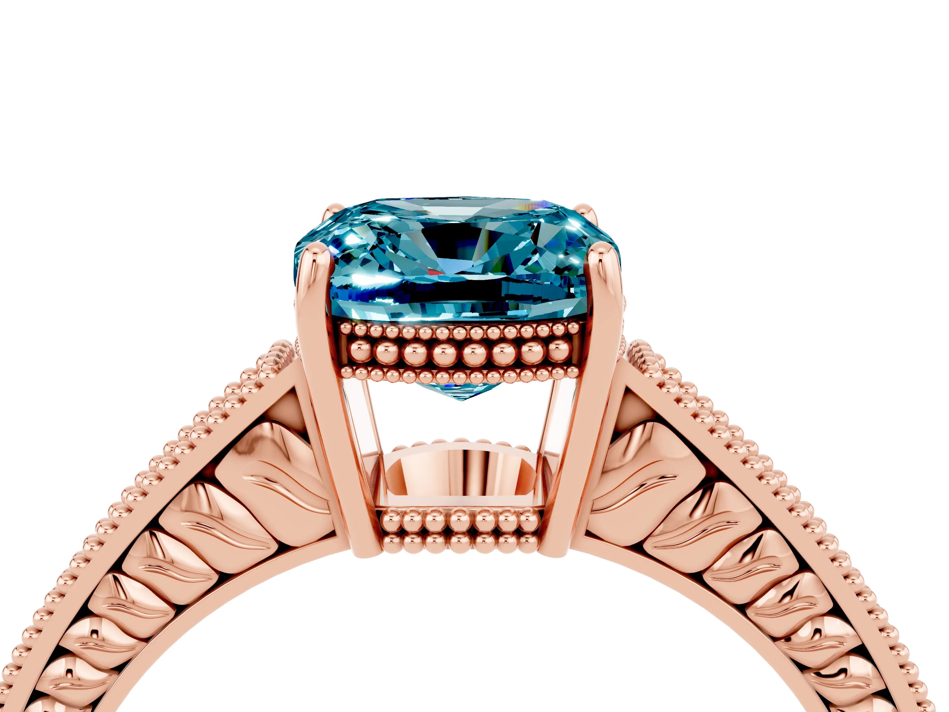 Rose gold Cushion Cut Blue Topaz Ring with Milgrain Pavé Band and Four-Prong Setting_16