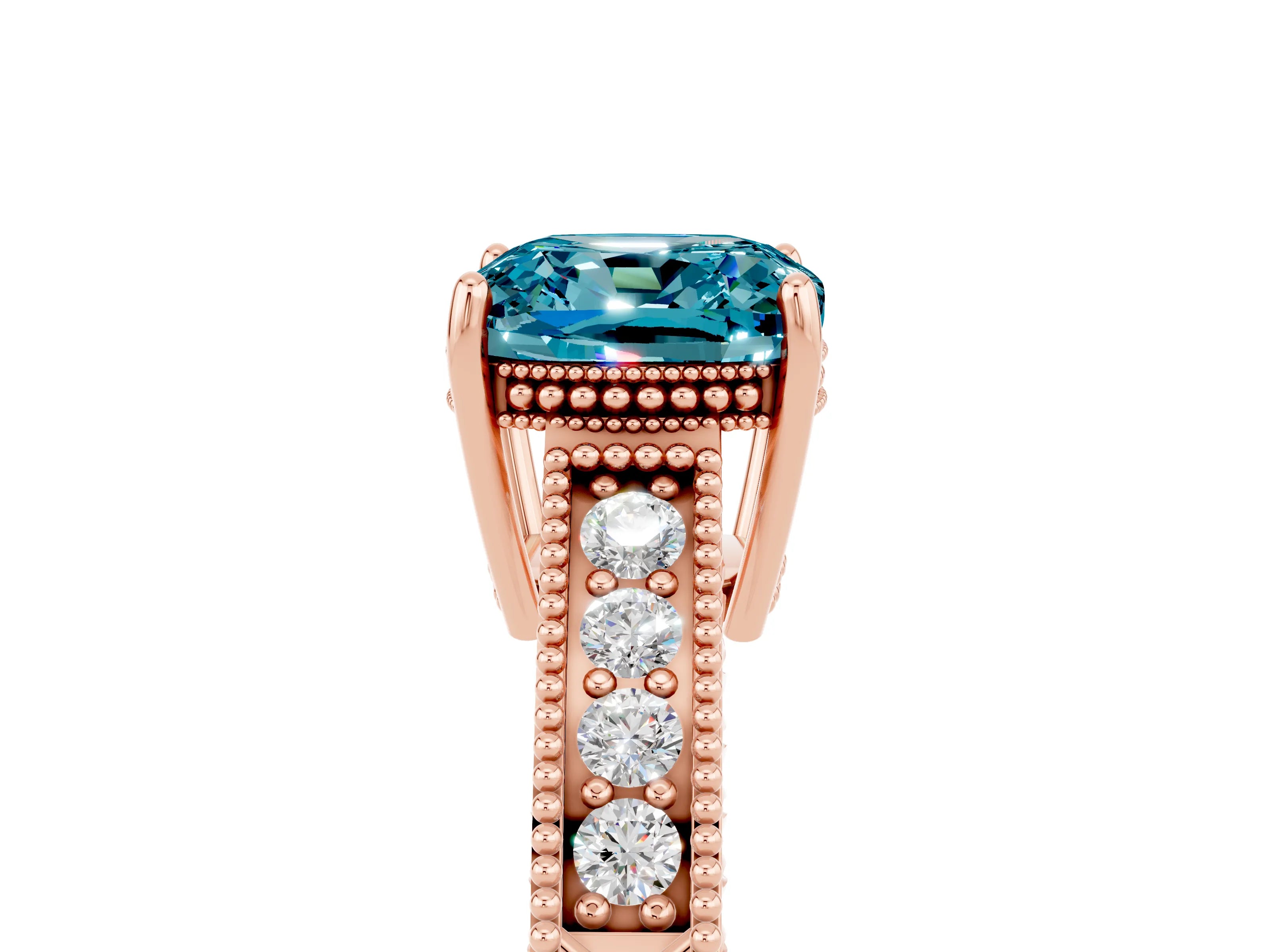 Rose gold Cushion Cut Blue Topaz Ring with Milgrain Pavé Band and Four-Prong Setting_17