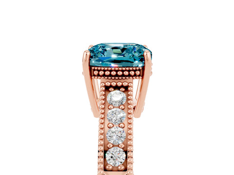 Rose gold Cushion Cut Blue Topaz Ring with Milgrain Pavé Band and Four-Prong Setting_17