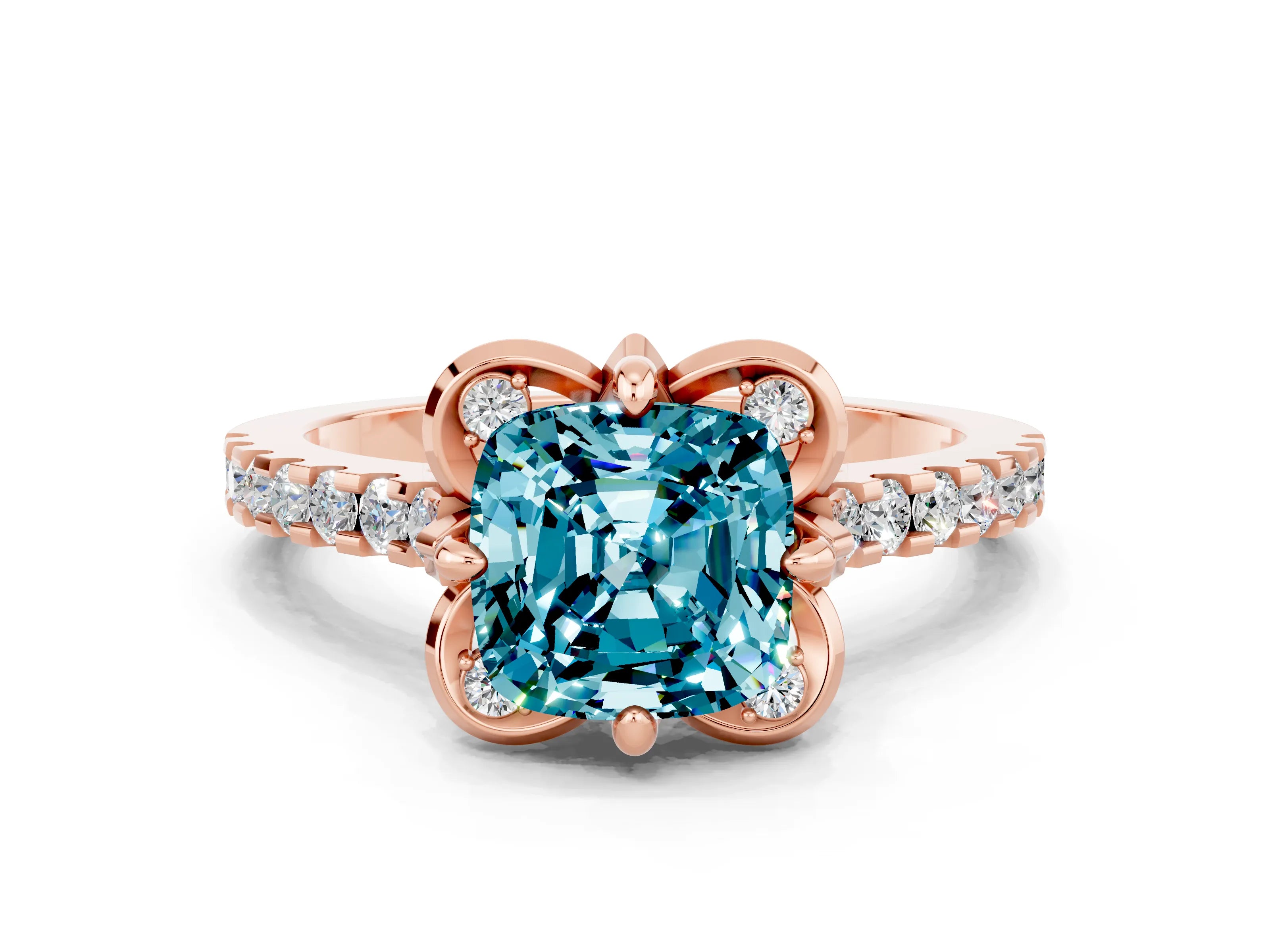 Rose gold Cushion Cut Blue Topaz Ring with Pavé Band and Floral Prong Setting