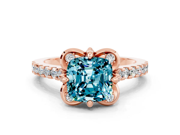 Rose gold Cushion Cut Blue Topaz Ring with Pavé Band and Floral Prong Setting