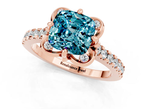 Rose gold Cushion Cut Blue Topaz Ring with Pavé Band and Floral Prong Setting_1