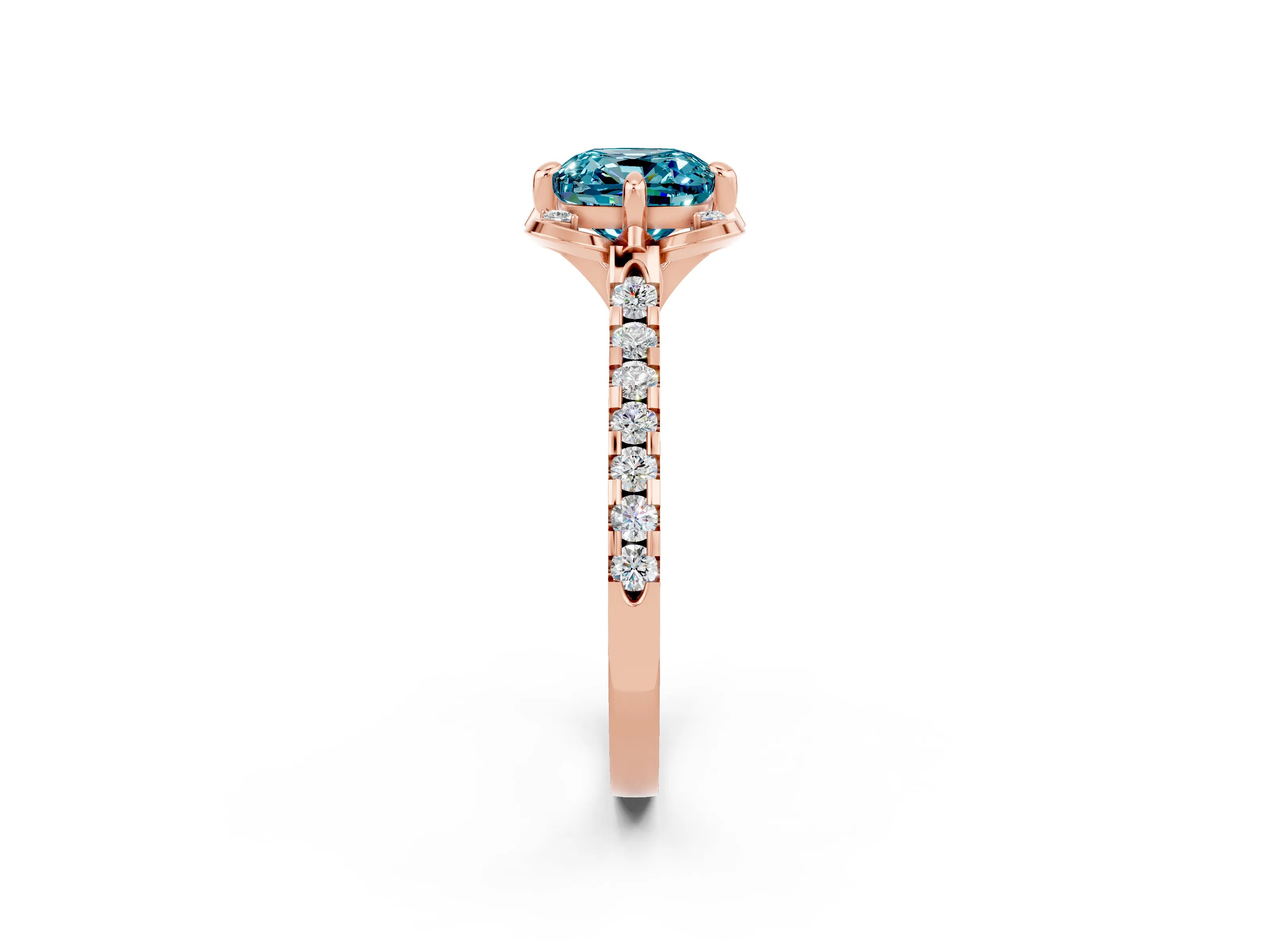 Rose gold Cushion Cut Blue Topaz Ring with Pavé Band and Floral Prong Setting_2