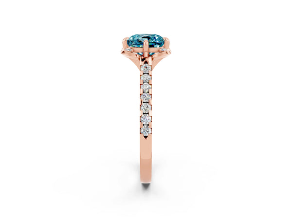 Rose gold Cushion Cut Blue Topaz Ring with Pavé Band and Floral Prong Setting