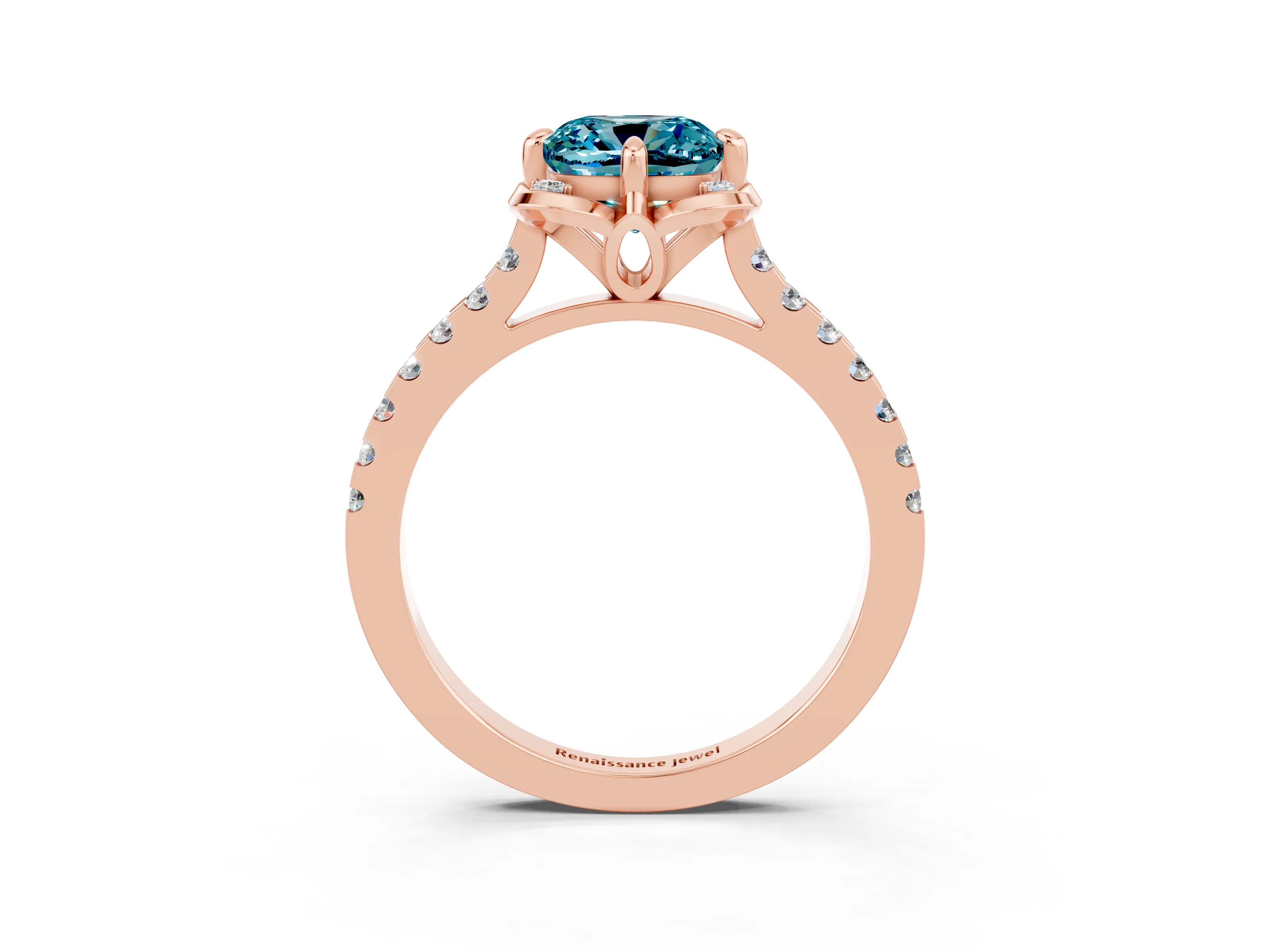 Rose gold Cushion Cut Blue Topaz Ring with Pavé Band and Floral Prong Setting_3