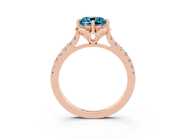 Rose gold Cushion Cut Blue Topaz Ring with Pavé Band and Floral Prong Setting