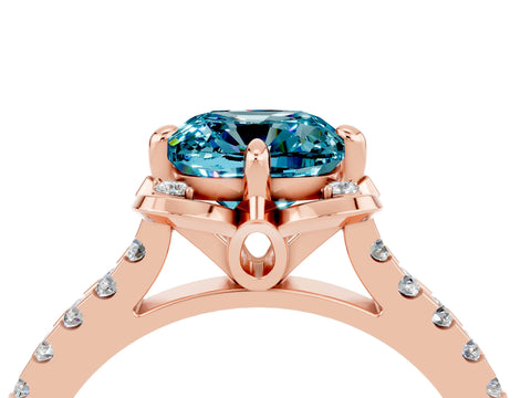 Rose gold Cushion Cut Blue Topaz Ring with Pavé Band and Floral Prong Setting_4