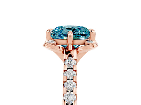 Rose gold Cushion Cut Blue Topaz Ring with Pavé Band and Floral Prong Setting_5