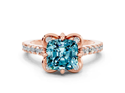 Rose gold Cushion Cut Blue Topaz Ring with Pavé Band and Floral Prong Setting