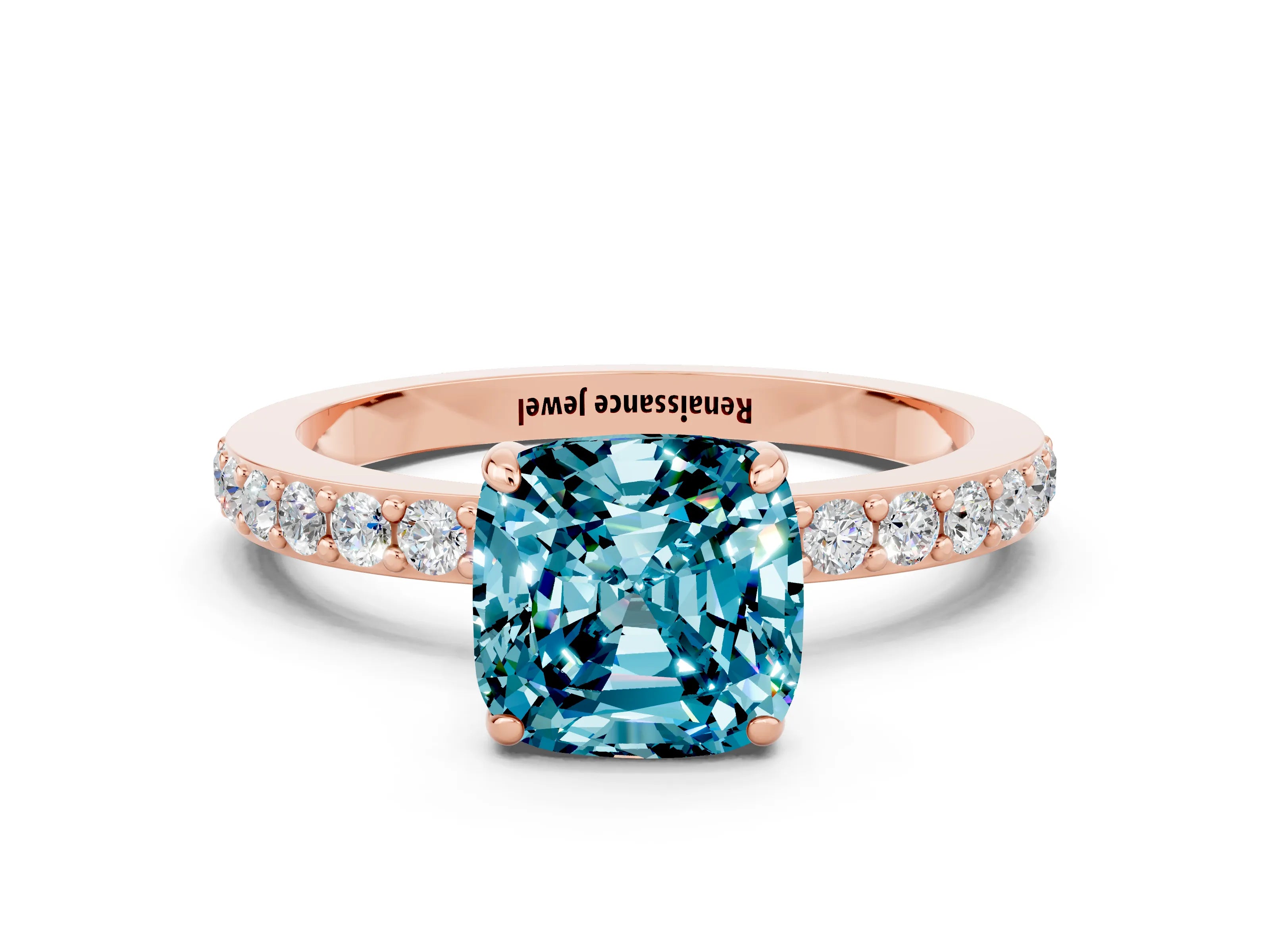 Rose gold Cushion Cut Blue Topaz Ring with Pavé Band and Four-Prong Setting