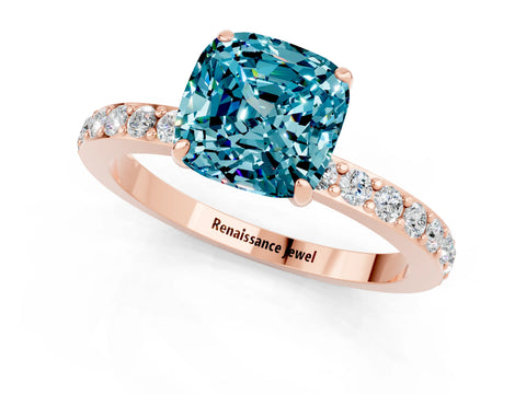 Rose gold Cushion Cut Blue Topaz Ring with Pavé Band and Four-Prong Setting_1