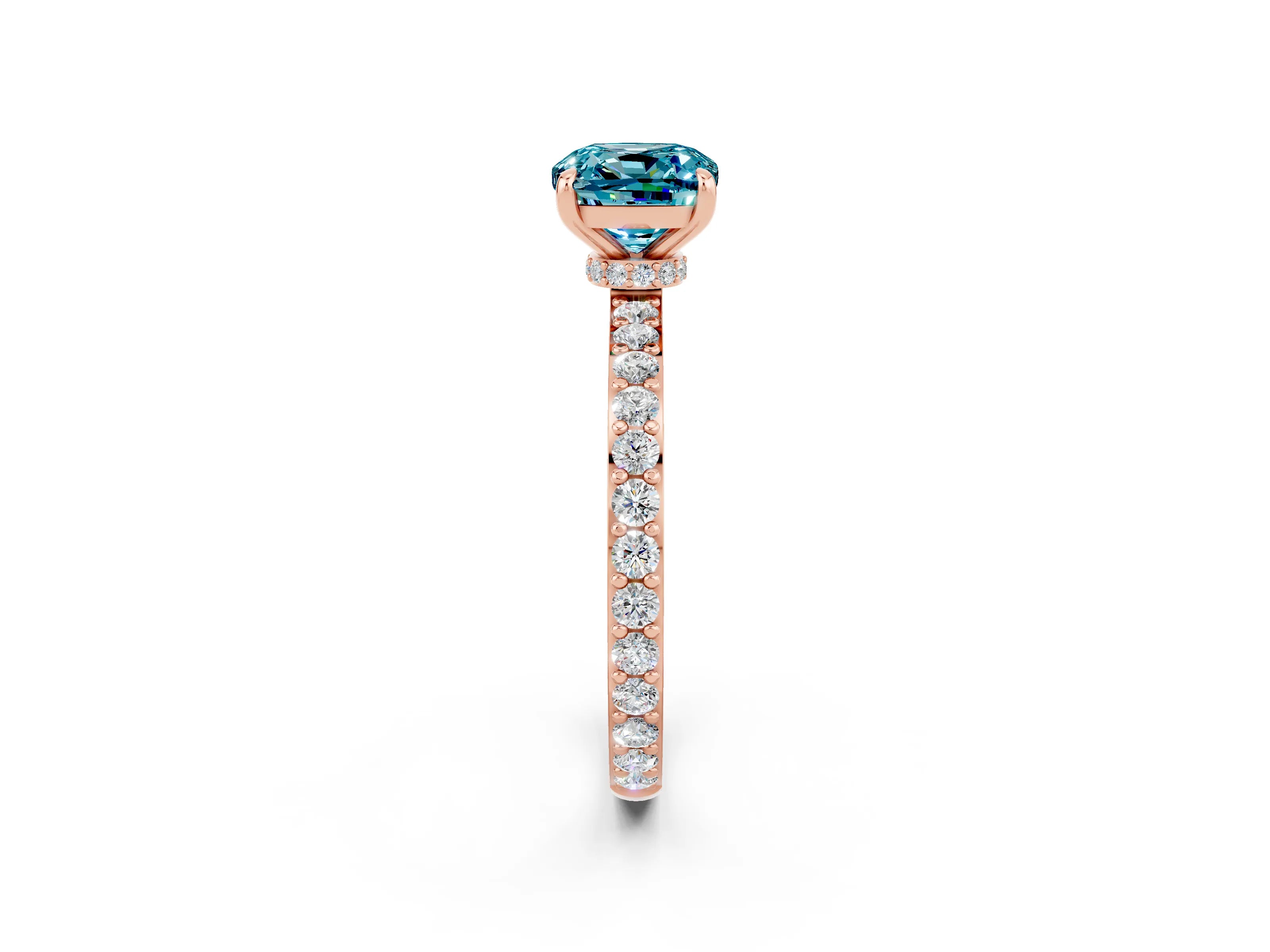 Rose gold Cushion Cut Blue Topaz Ring with Pavé Band and Four-Prong Setting_2