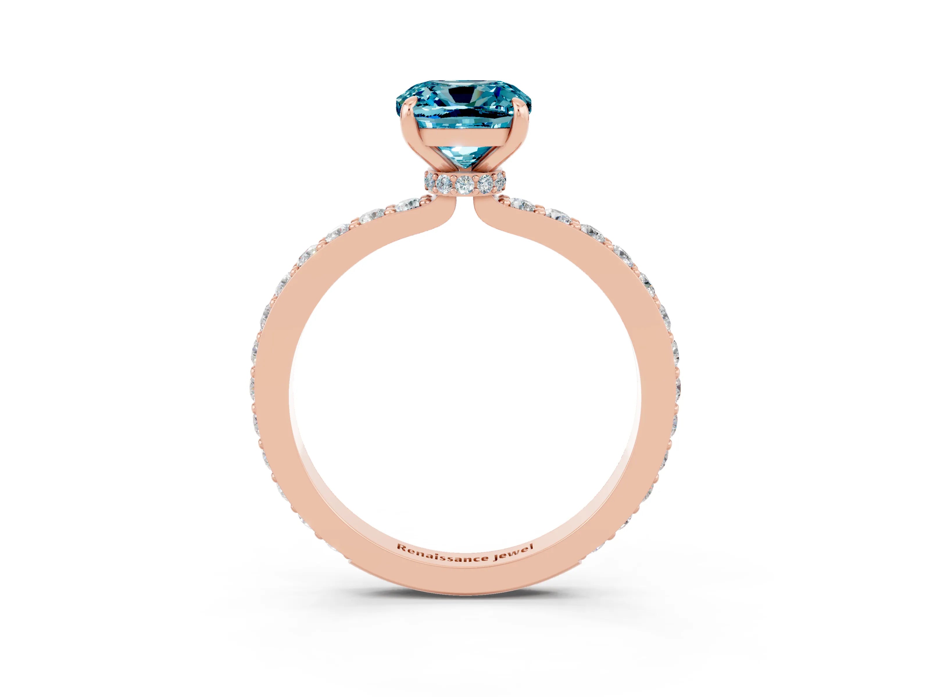 Rose gold Cushion Cut Blue Topaz Ring with Pavé Band and Four-Prong Setting_3
